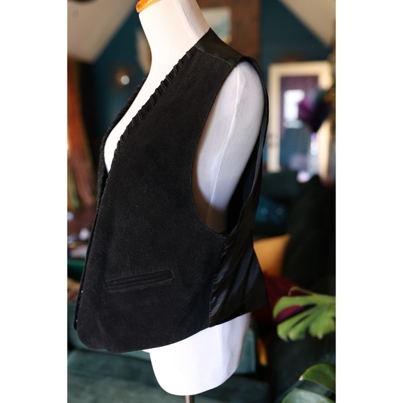 Vintage A.J. Black Leather Suede Vest w/Western Star Snaps whimsigoth Size L - Picture 6 of 10